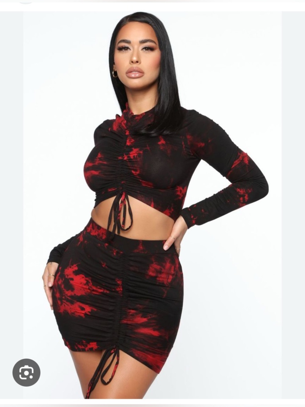 Ruched Tie-Front Red & Black Mini Skirt Set